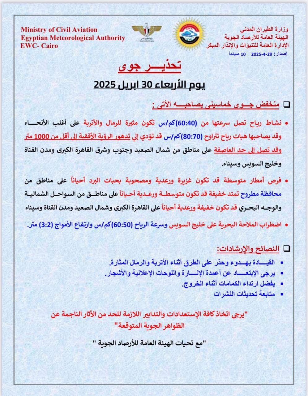 الأرصاد تحذر من رياح مثيرة للرمال والأتربة على القاهرة وشمال الصعيد