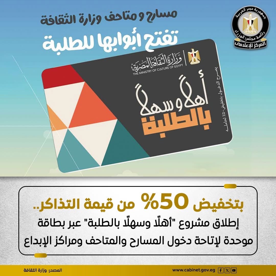 من خلال مشروع أهلا وسهلا بالطلبة  تخفيض 50 للطلبة في المتاحف والمسارح ومراكز الابداع 
