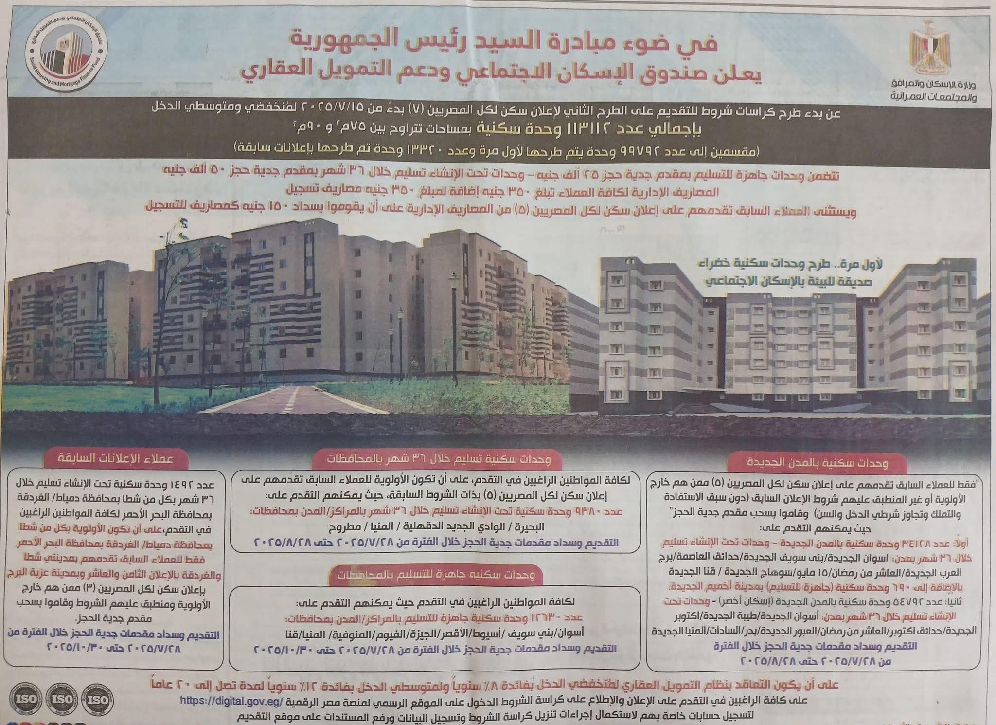 فتح باب التقديم على شقق الإسكان الاجتماعي ١٥ يوليو الجاري